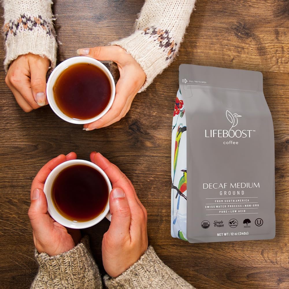 Lifeboost packaging on shelf signaling premium organic decaf identity