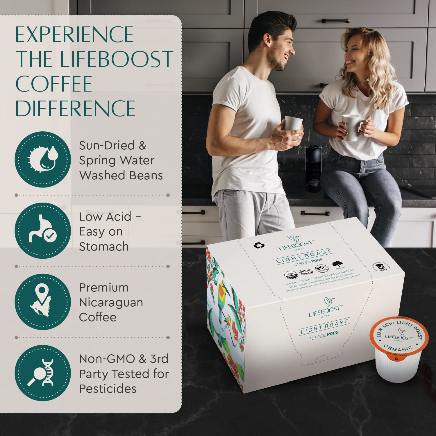 LIFEBOOST single-origin organic pods highlighting purity and top notes.