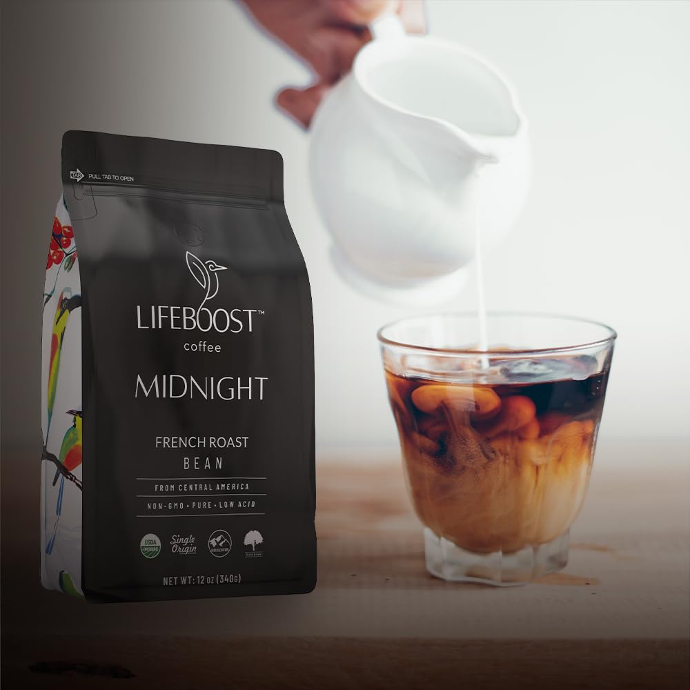 USDA Organic certification badge accompanies Lifeboost Midnight French Roast.