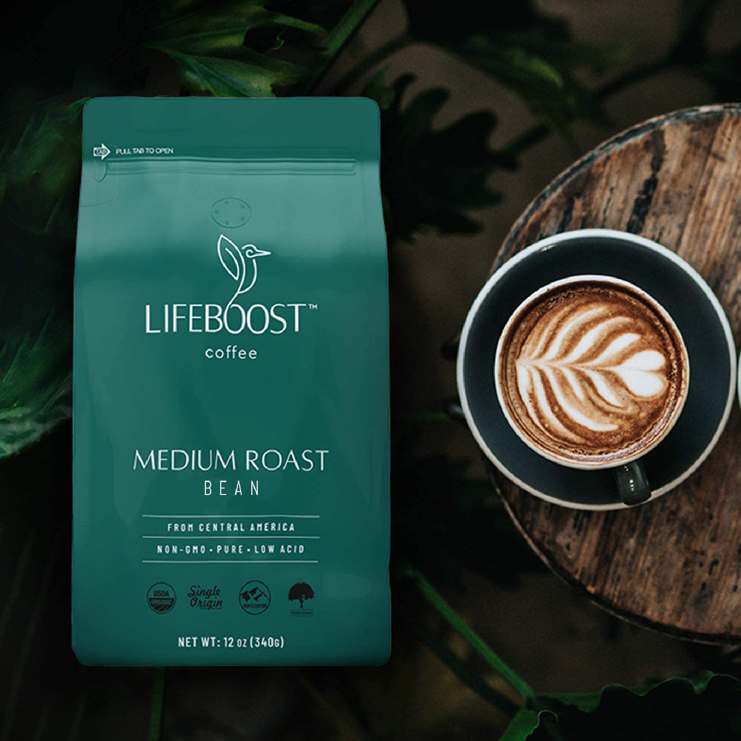 Lifeboost whole-bean coffee bag showing organic, non-GMO quality for daily brew