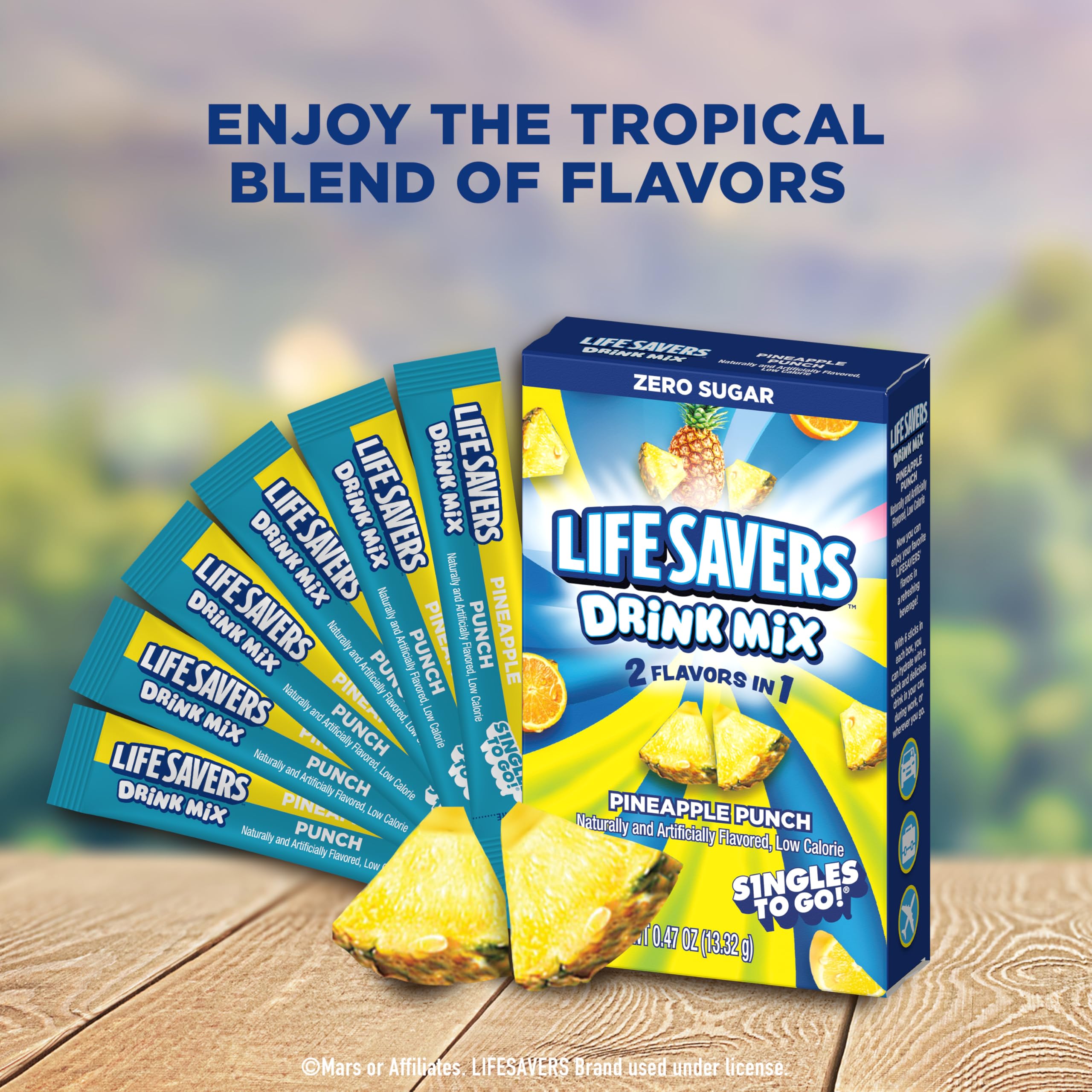 Lifesavers Singles To Go Pineapple Punch sticks ready to drop into a water bottle.