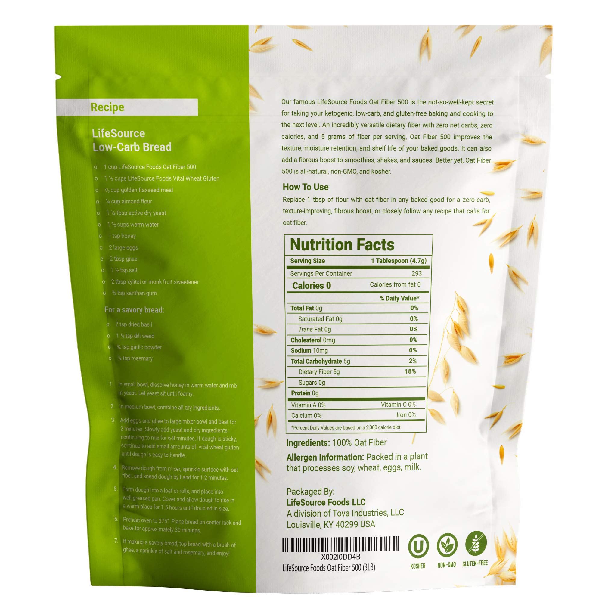 LifeSource Foods Oat Fiber 500 jar label, ideal for low-carb recipes.