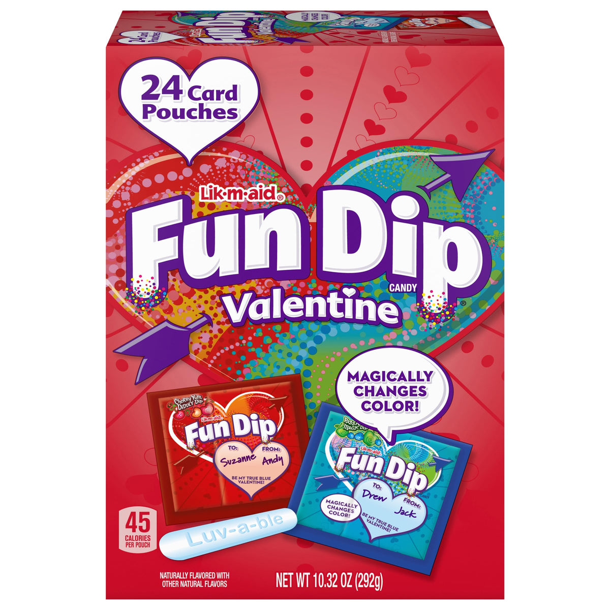 Lik-m-aid Fun Dip Valentines box packaging with classroom exchanges.