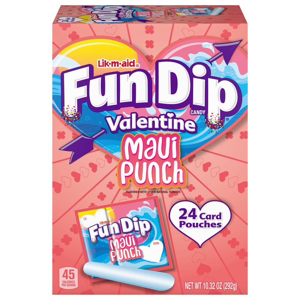 Lik-M-Aid Maui Punch Fun Dip kit pouches ready to personalize for Valentine exchanges.