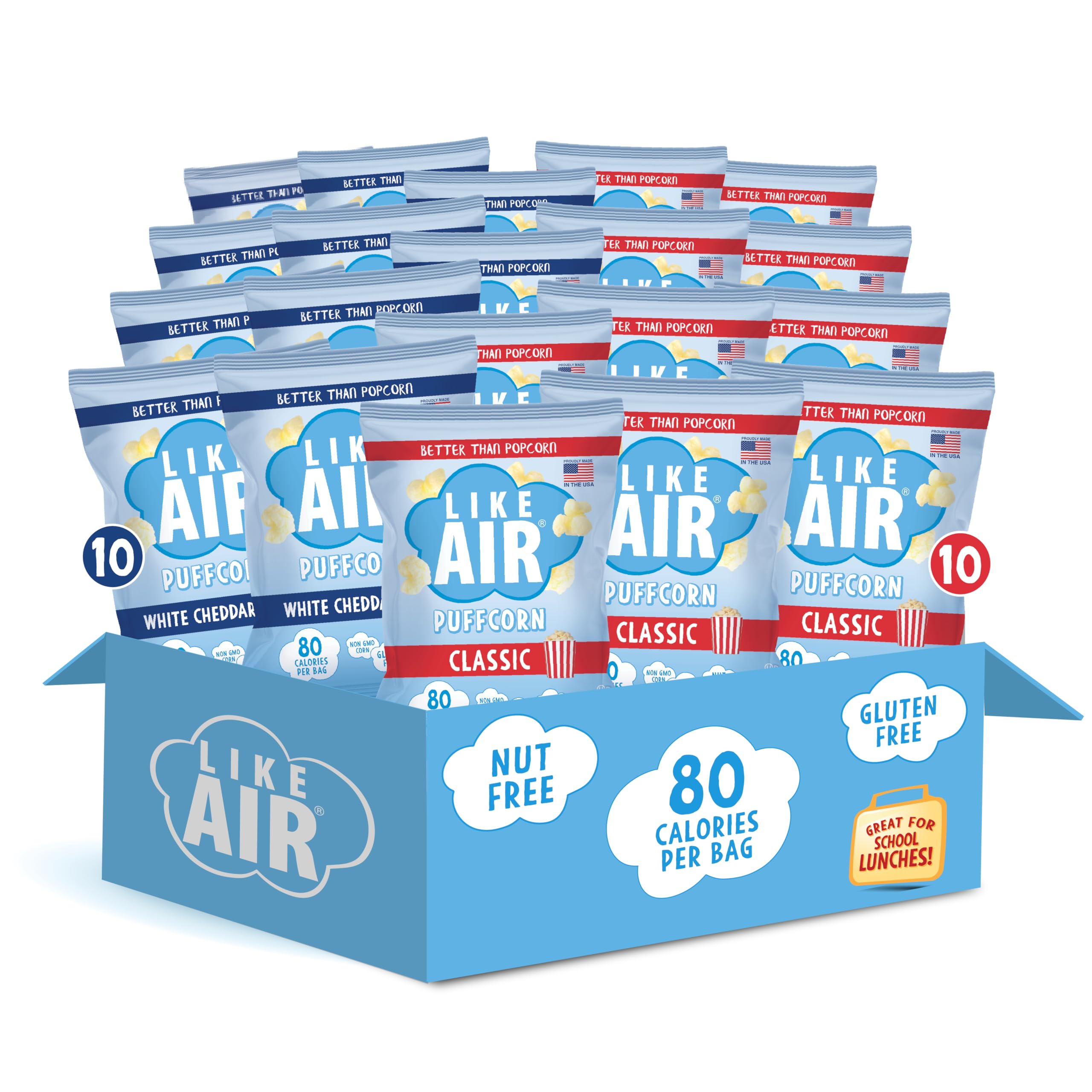 Like Air Puffcorn 2 Flavor Pack front view shows portable on-the-go snacking.