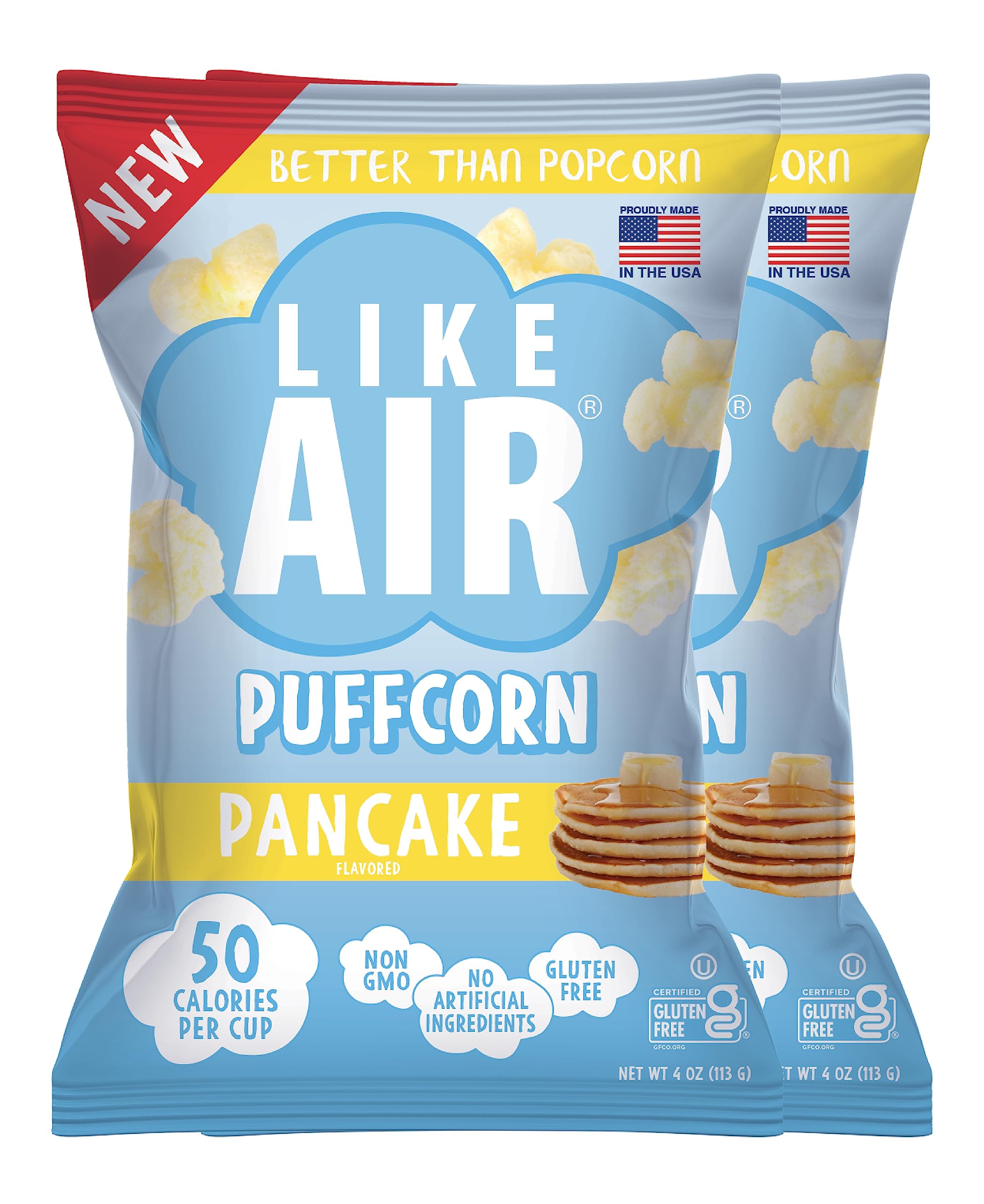 Like Air Puffcorn Pancake bag close-up reveals light, melt-in-your-mouth texture.