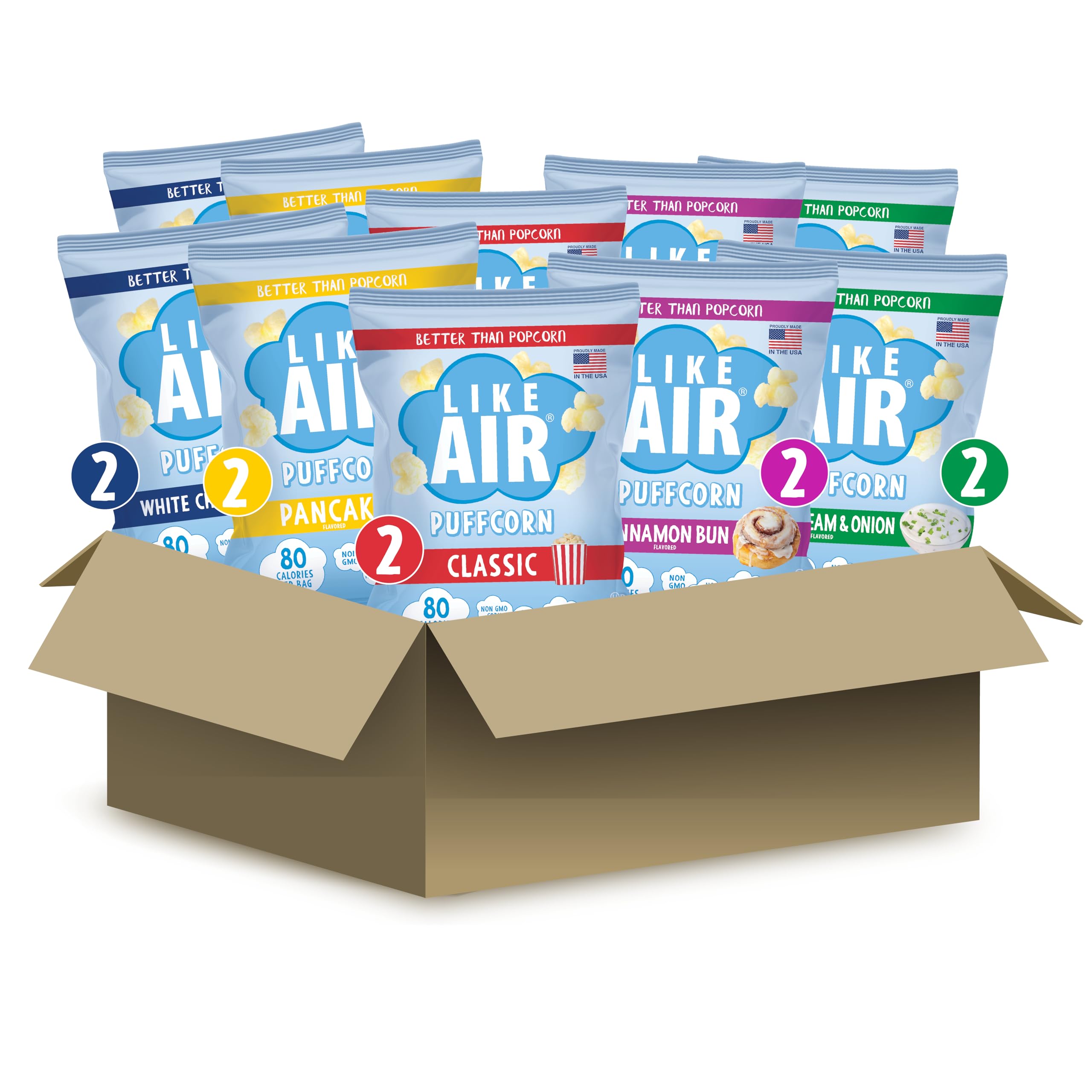 Like Air Puffcorn variety-pack ten bags for on-the-go snacking.