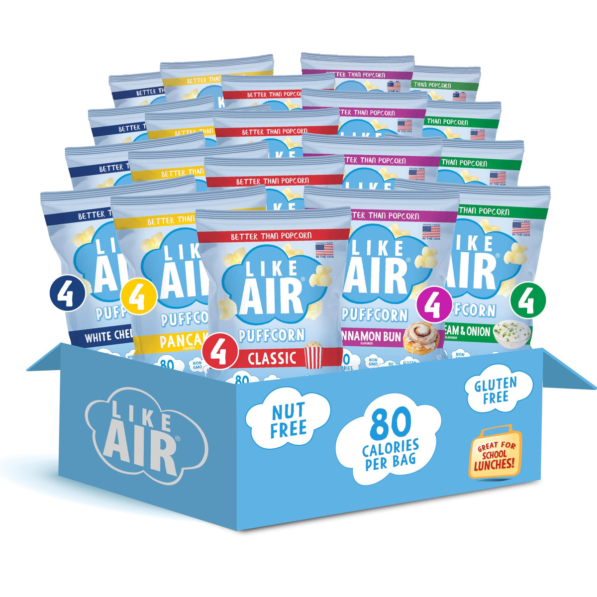 Like Air Puffcorn White Cheddar pack shown for gluten-free snacking on the go.