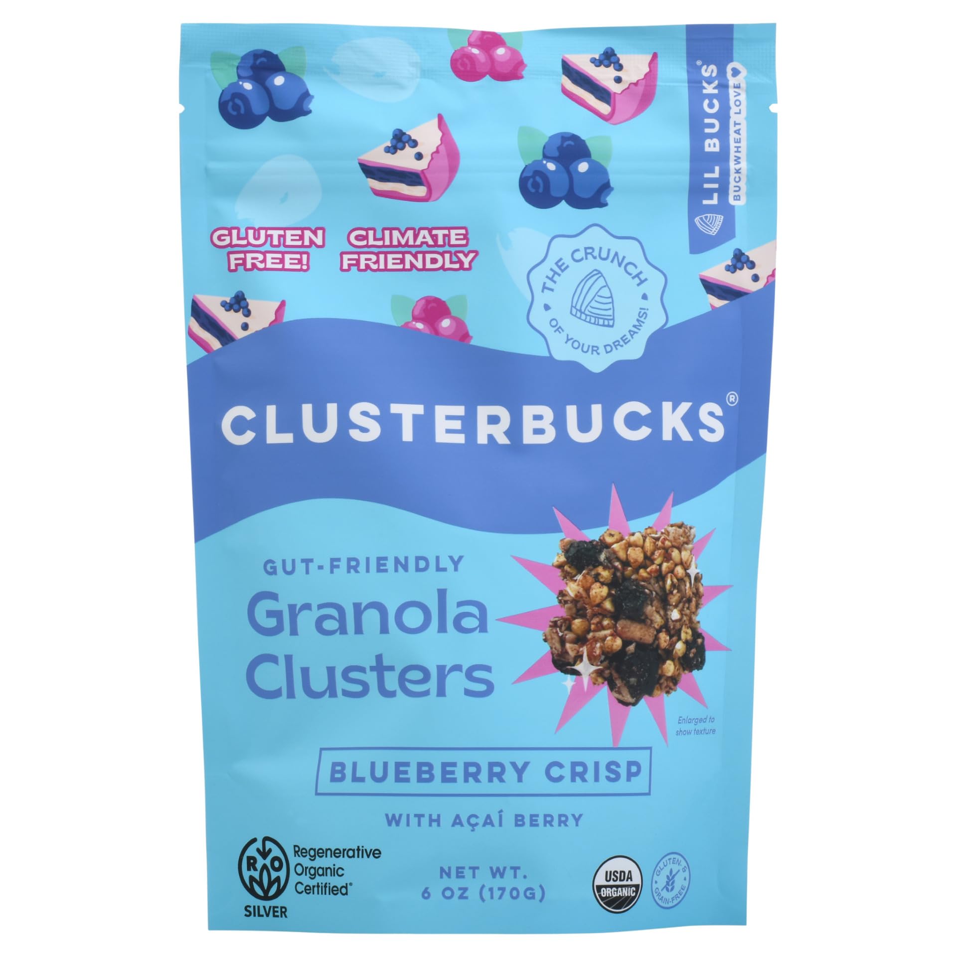 Lil Bucks Clusterbucks Blueberry Crisp granola in a bowl, gluten-free and protein-rich.