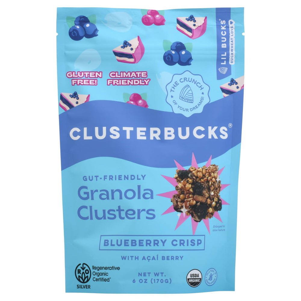 Lil Bucks Clusterbucks Blueberry Crisp granola in a bowl, gluten-free and protein-rich.