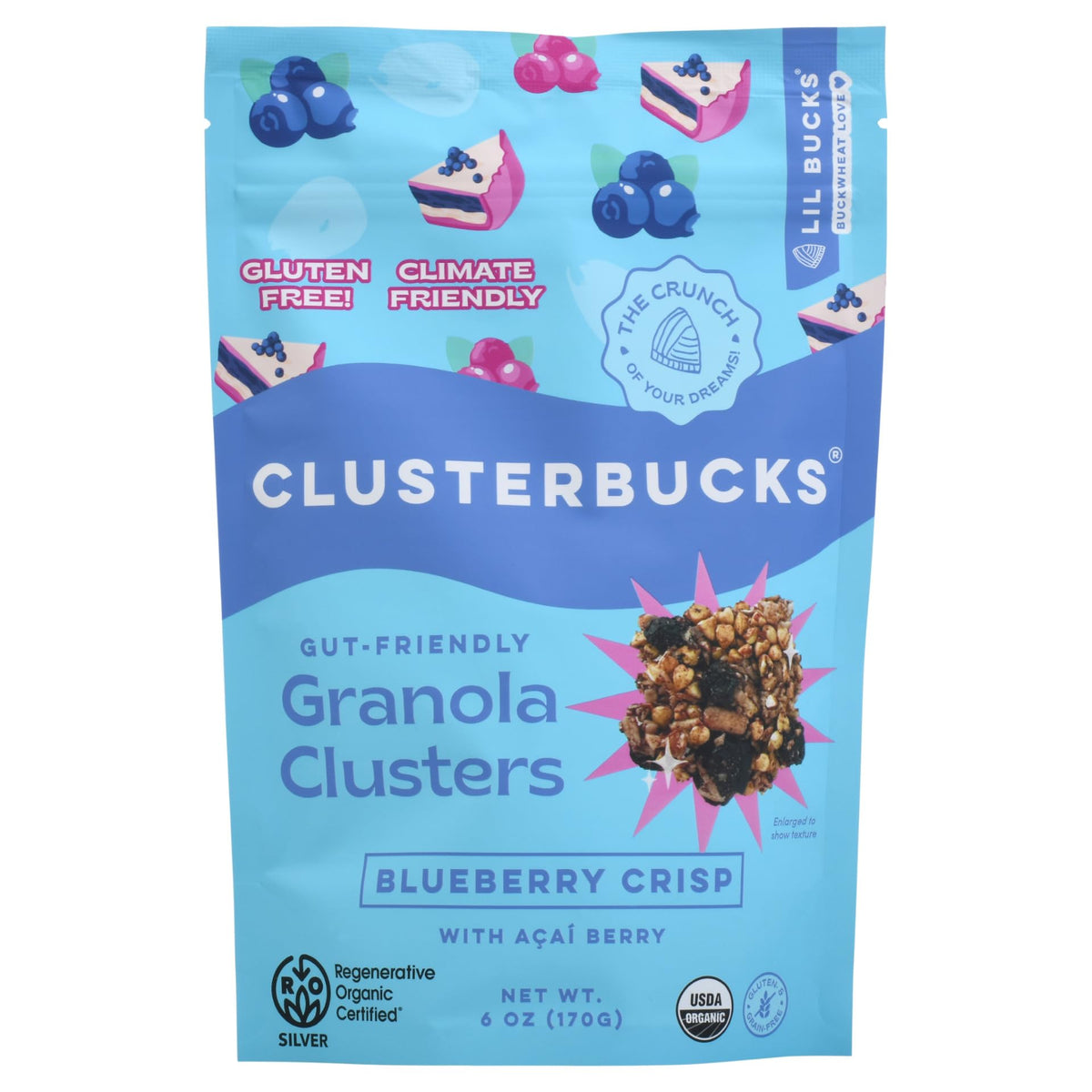 Lil Bucks Clusterbucks Blueberry Crisp granola in a bowl, gluten-free and protein-rich.