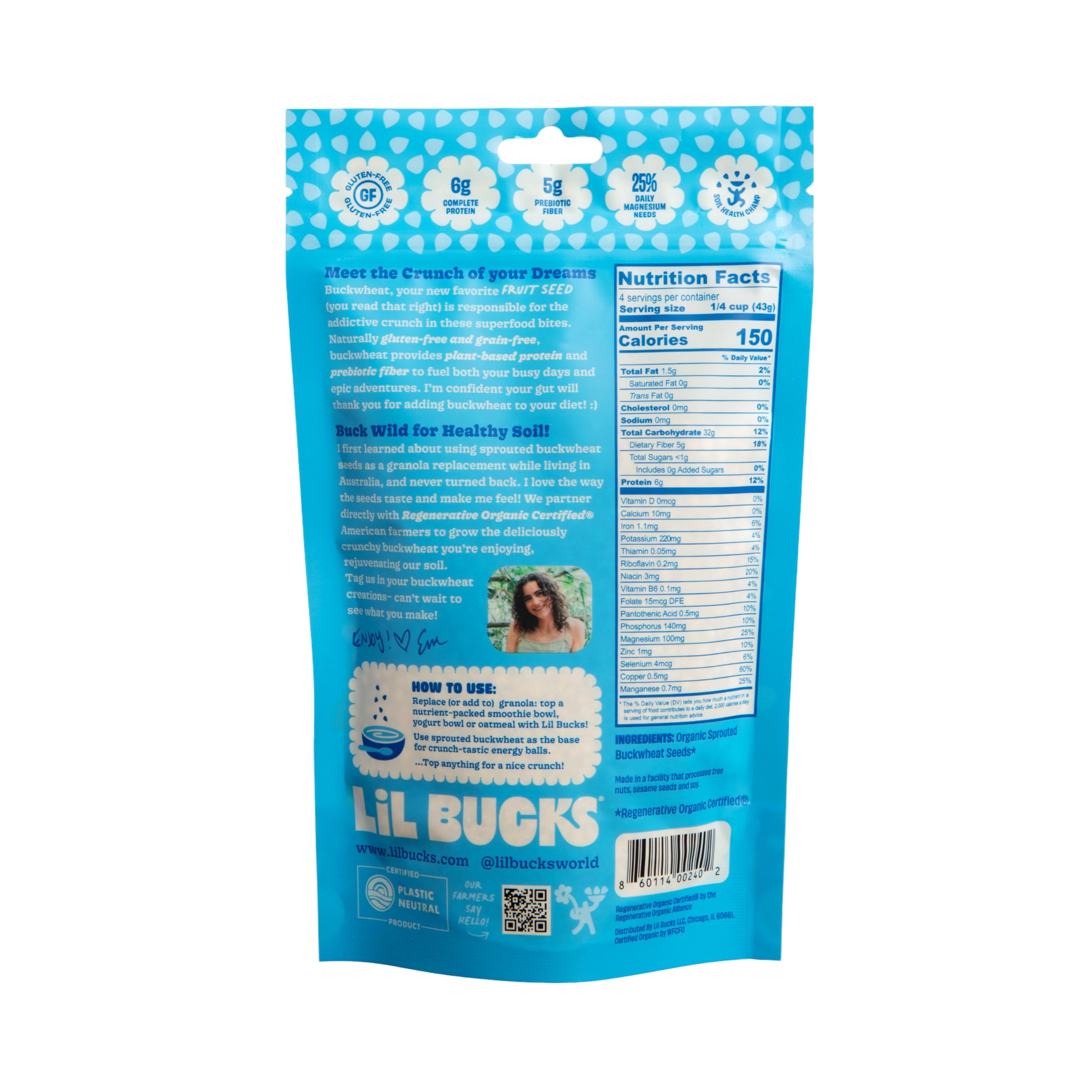 Lil Bucks sprouted buckwheat seeds bowl highlighting protein-rich crunch