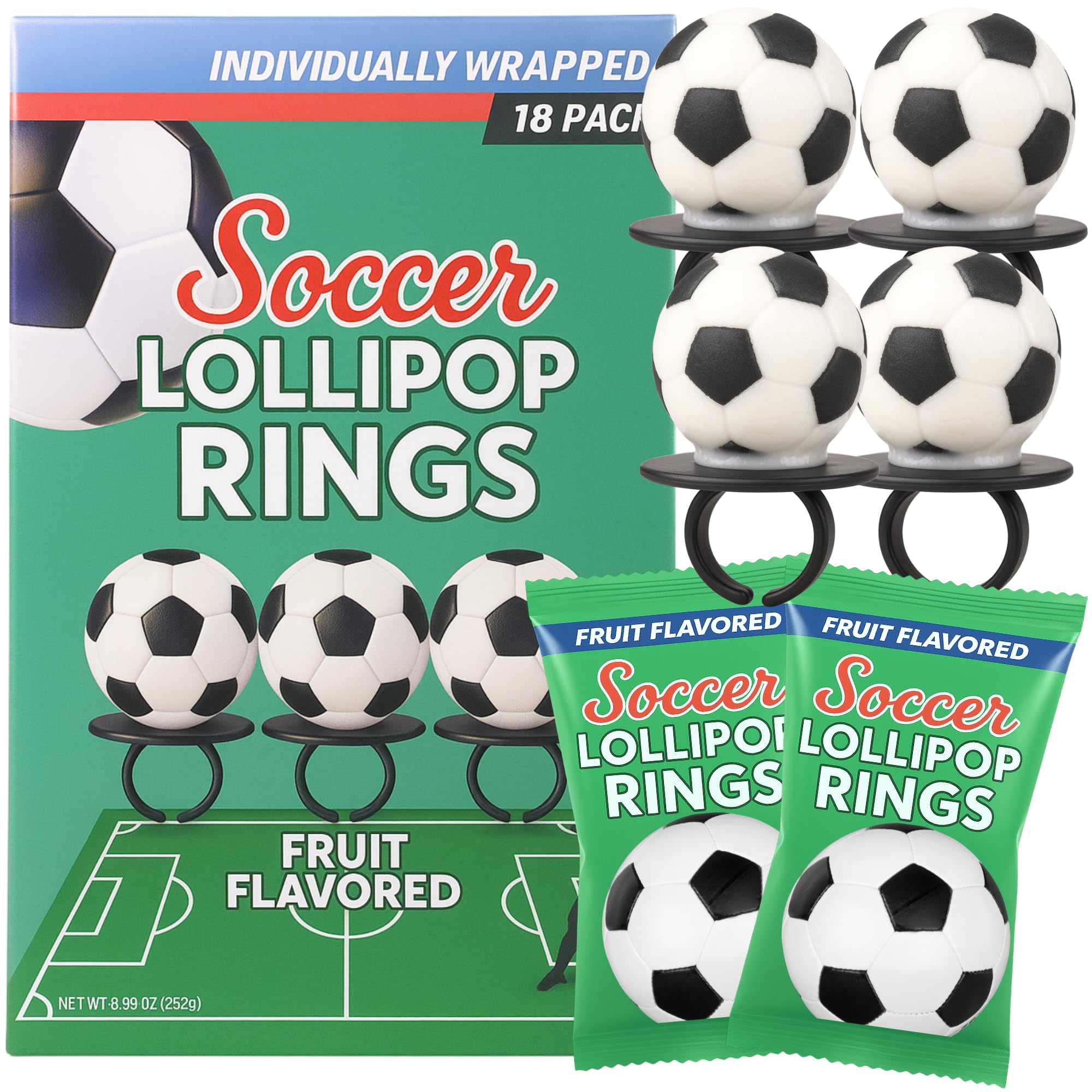 Lil' League soccer ball lollipop ring hero image, ideal for party favors and sharing