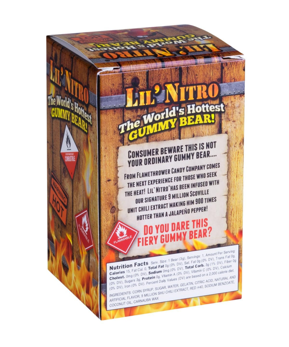 Lil' Nitro consume at your own risk label beside the gummy for fearless tasters.