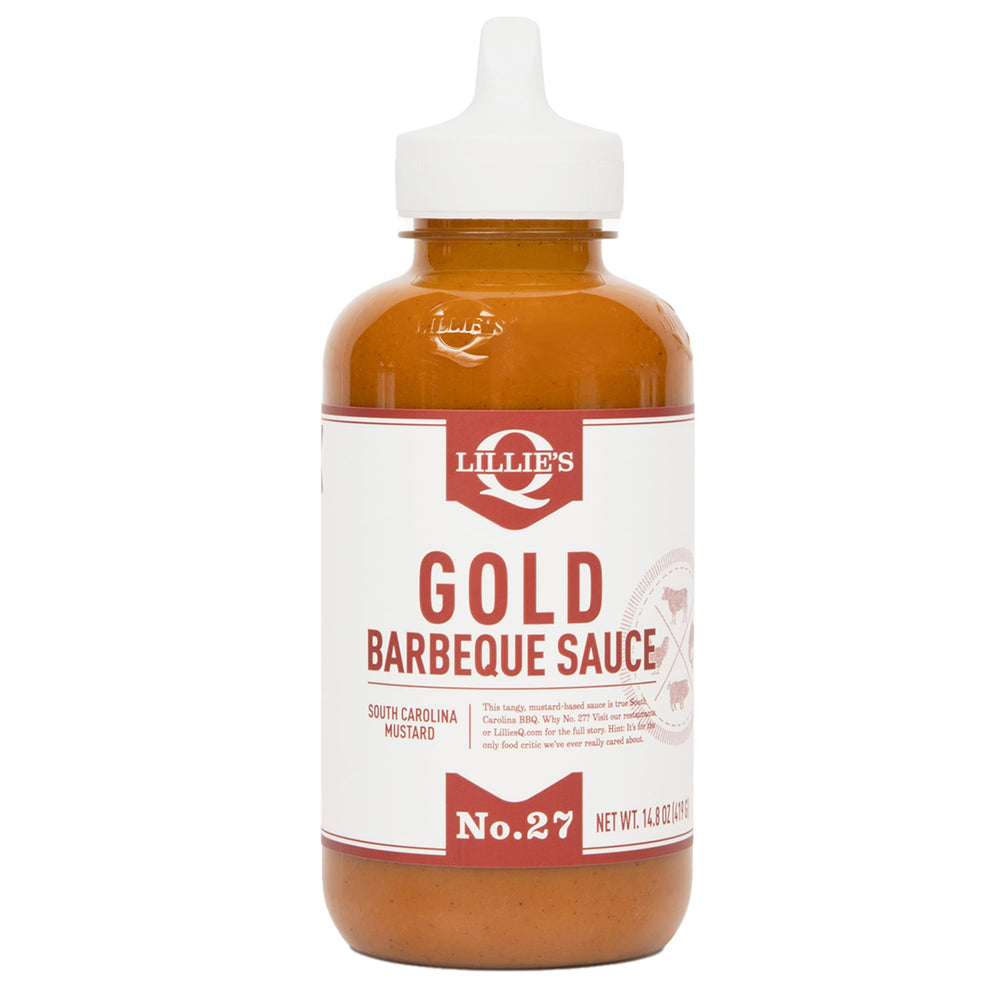 Lillie's Q Gold BBQ Sauce bottle front view for grilling and flavor