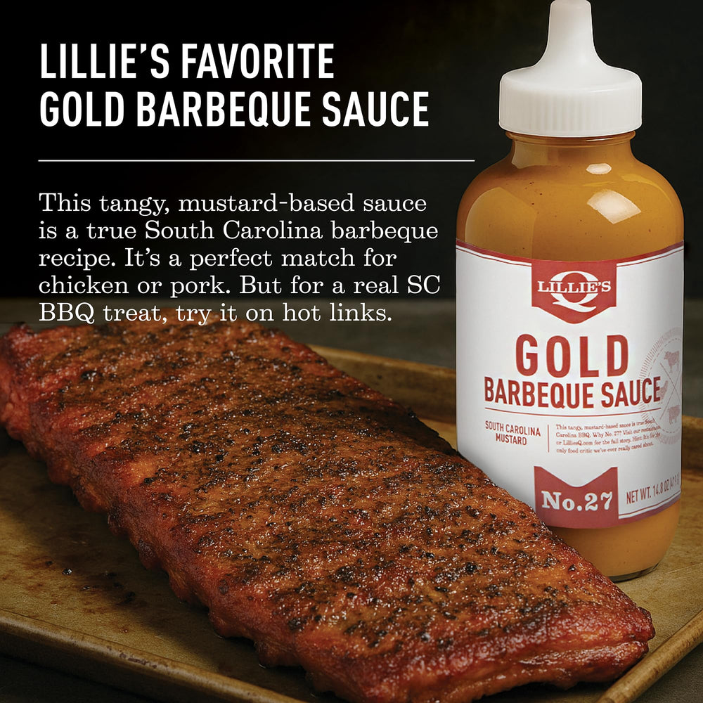 Lillie's Q Gold BBQ Sauce glaze applied to meat for a glossy finish