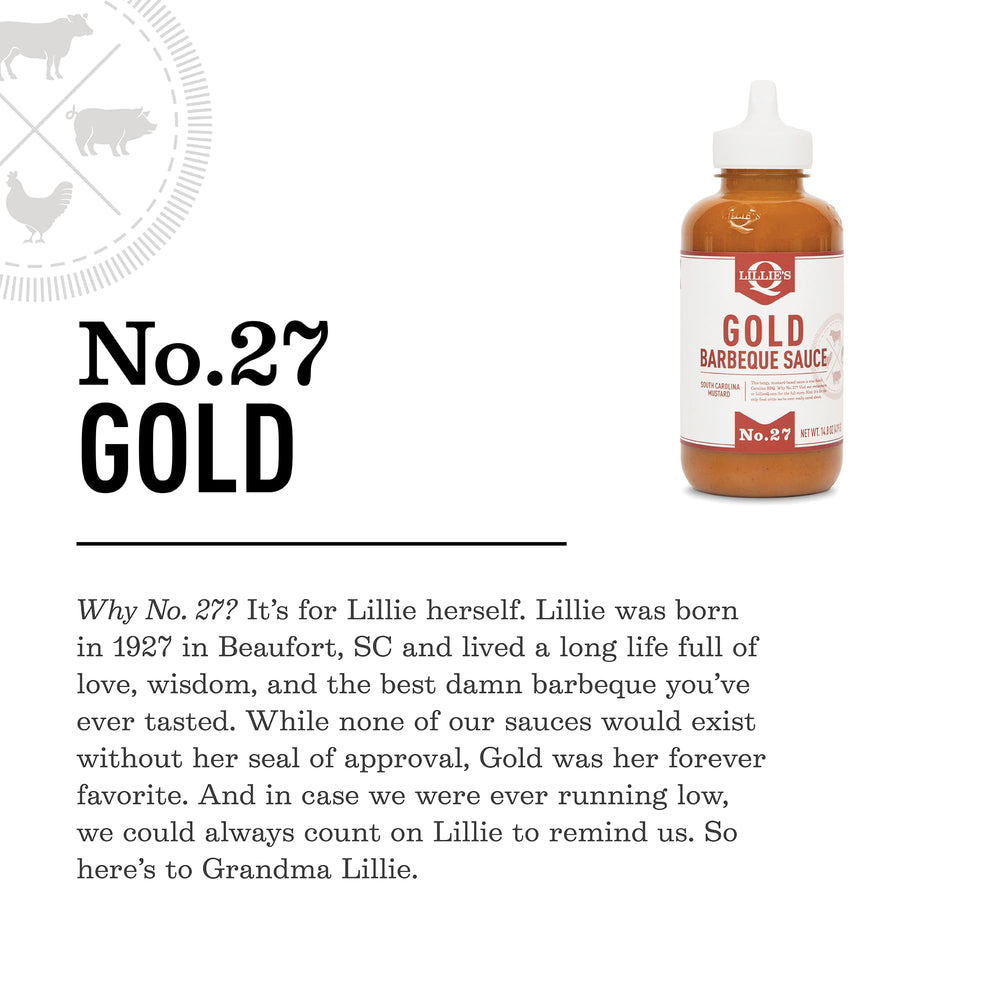Lillie's Q Gold BBQ Sauce packaging reflecting chef heritage