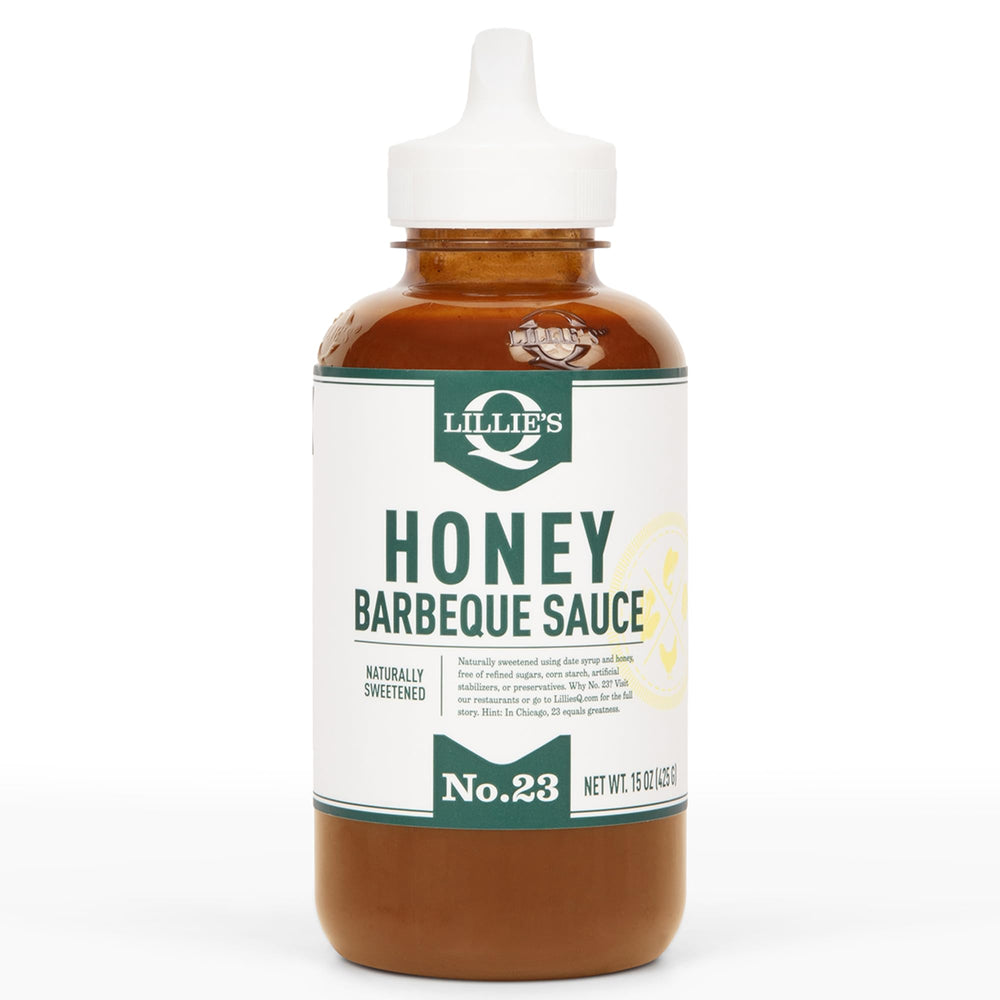 Lillie's Q Honey BBQ Sauce bottle side view highlighting gluten-free premium grilling sauce.