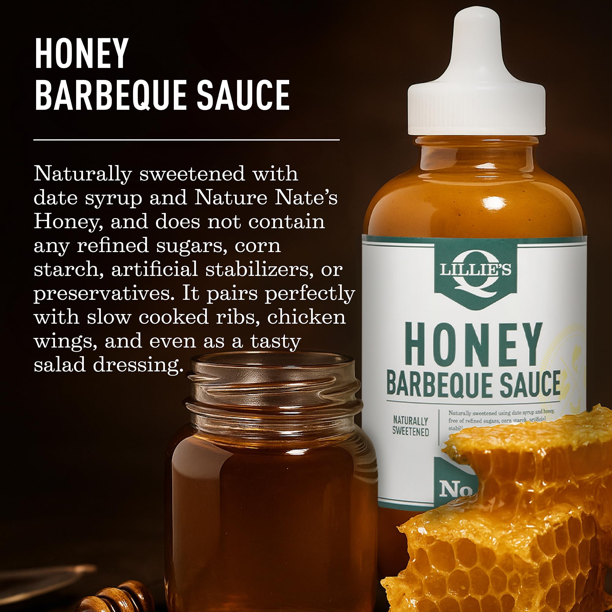 Lillie's Q Honey BBQ Sauce glaze on ribs illustrating smoky, tangy finish.