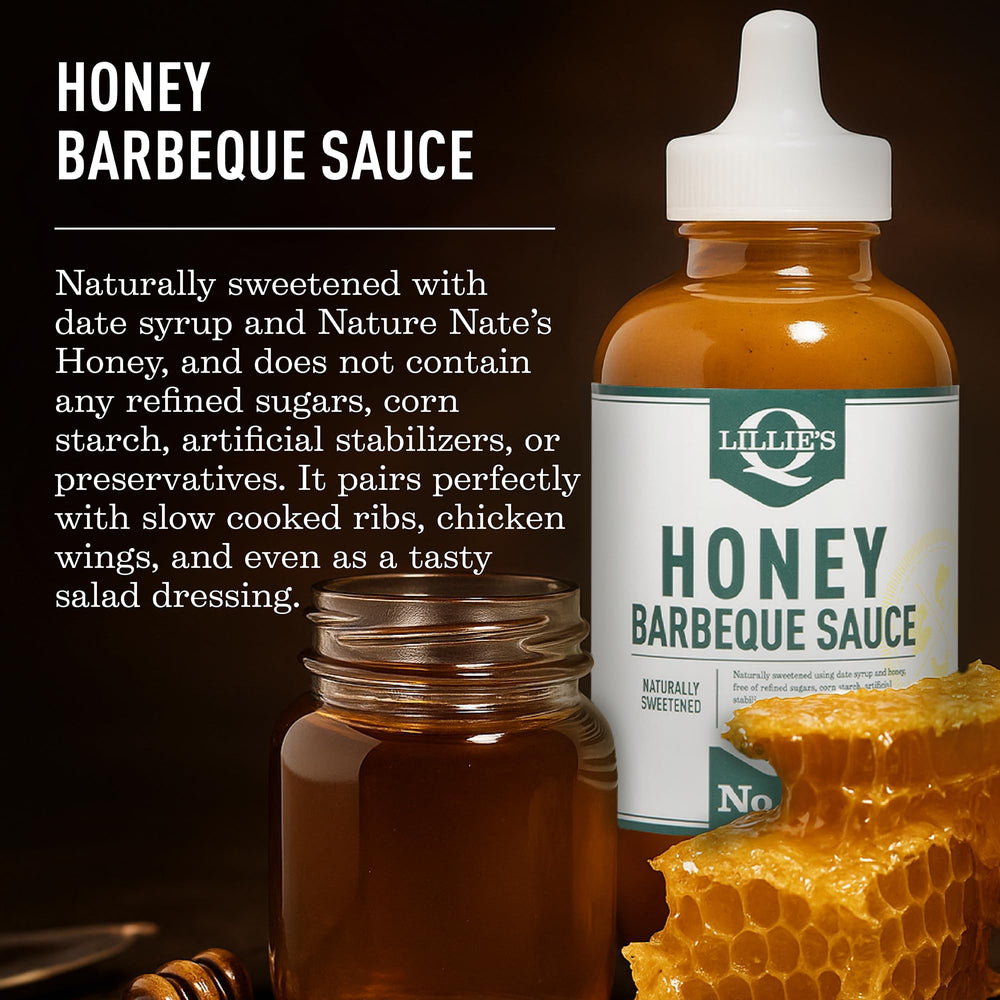 Lillie's Q Honey BBQ Sauce glaze on ribs illustrating smoky, tangy finish.