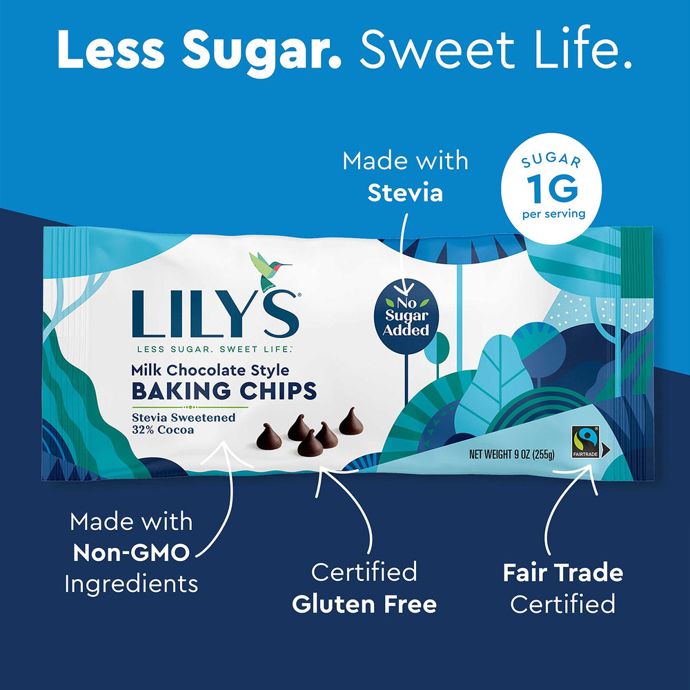 Holiday-ready chocolate chips from LILY'S suitable for Christmas, Easter, and Halloween bakes.