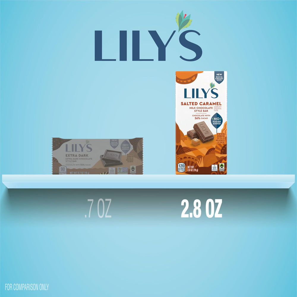 Calm moment with a LILY'S bar during a busy day, no added sugar.