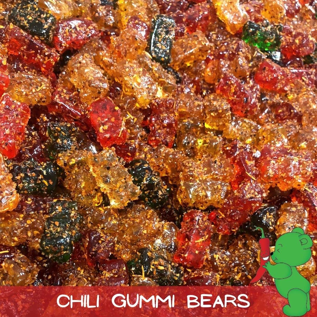 Lilys Chilies chili gummi bears closeup highlighting chewy texture and spice.