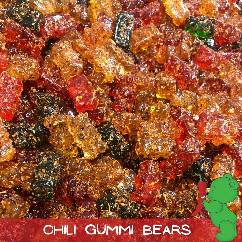 Lilys Chilies chili gummi bears closeup highlighting chewy texture and spice.