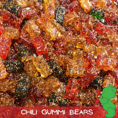 Lilys Chilies chili gummi bears closeup highlighting chewy texture and spice.