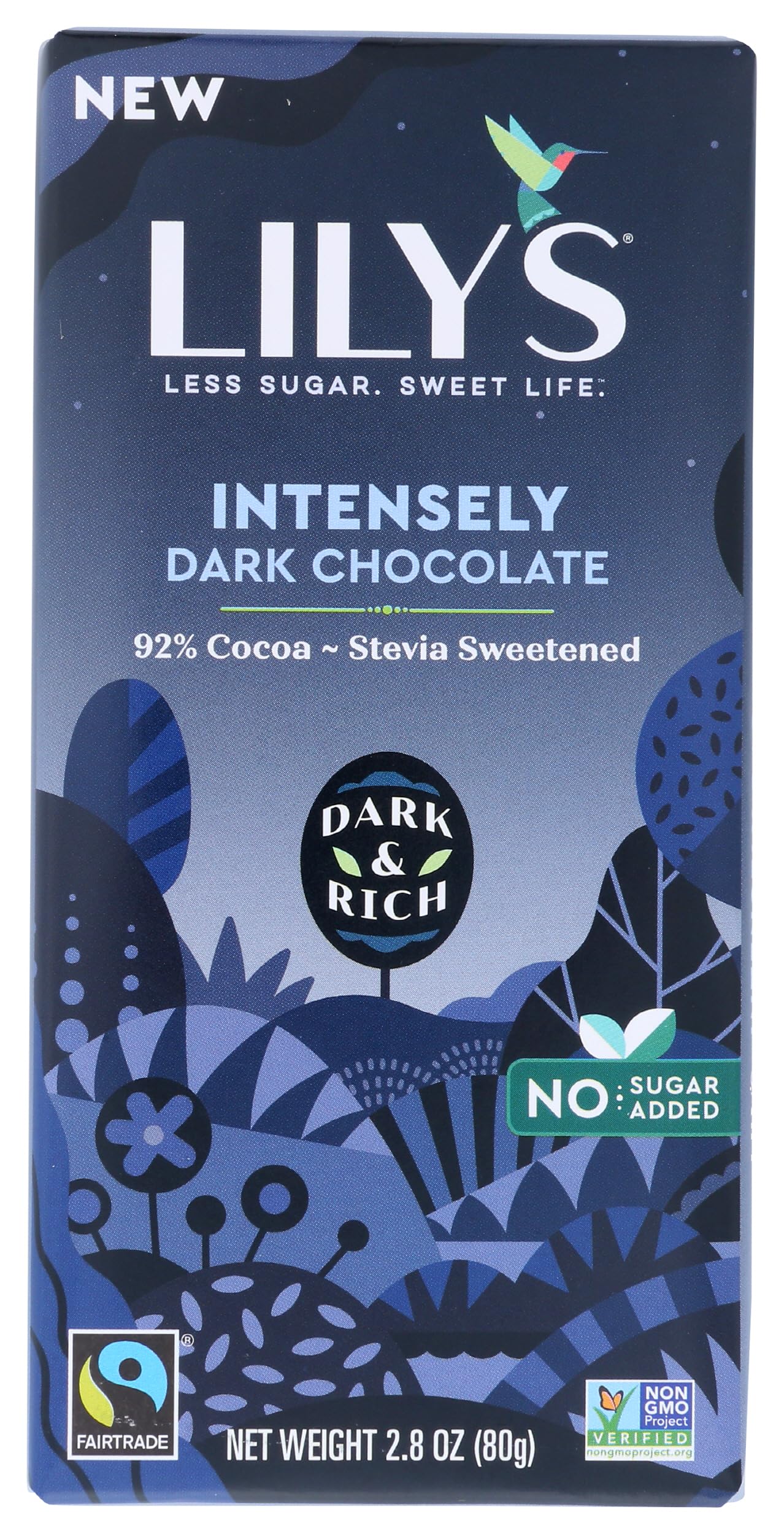 Lily's chocolate-stevia-dark-bar closeup showing rich cacao and no hydrogenated fats