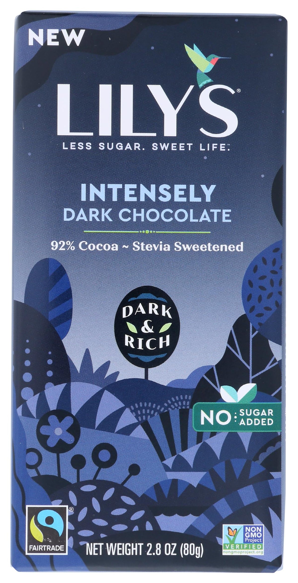Lily's chocolate-stevia-dark-bar closeup showing rich cacao and no hydrogenated fats
