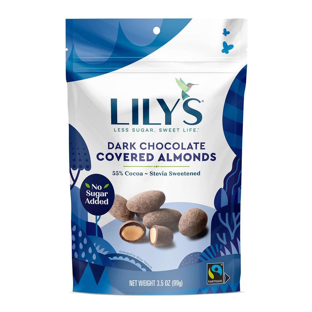 Lily's pack of 3 dark chocolate almonds arranged for sharing or gifting.