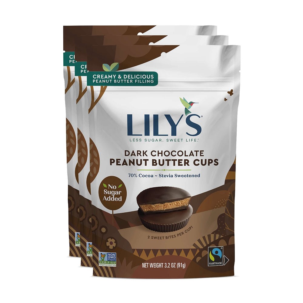 Lily's dark chocolate peanut butter cups 3-pack on shelf, keto-friendly snacking.
