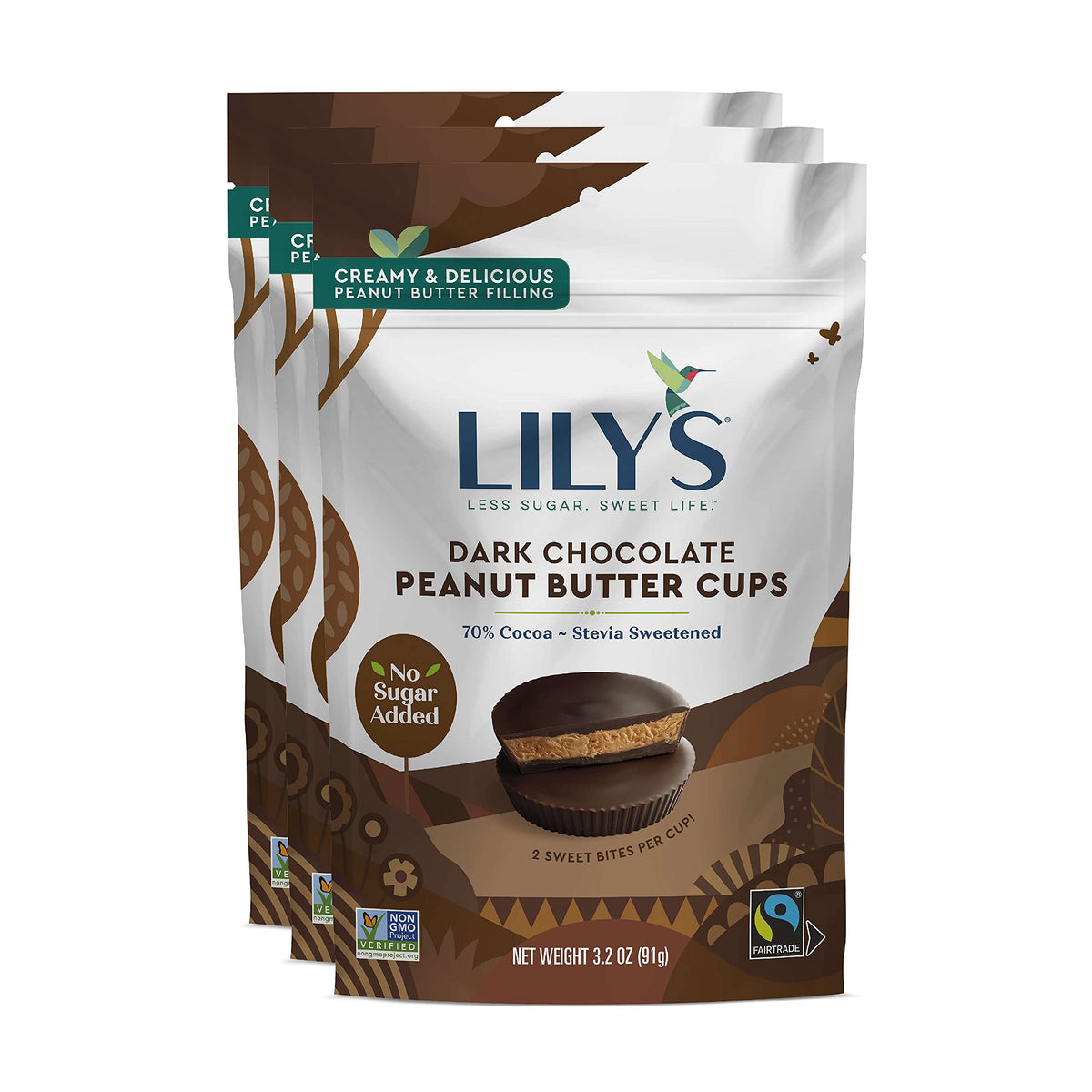 Lily's dark chocolate peanut butter cups 3-pack on shelf, keto-friendly snacking.