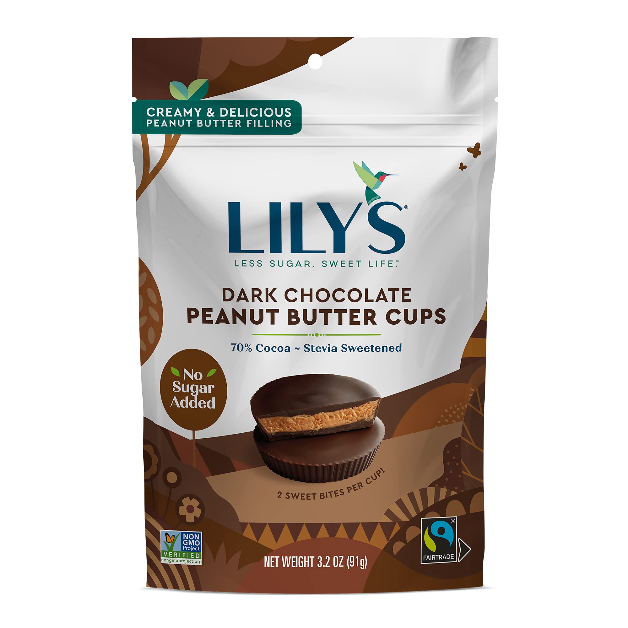 Lily's cups close-up, glossy chocolate and creamy peanut butter center for sugar-conscious treats.