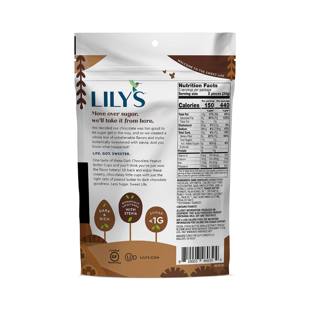 Lily's cross-section reveals creamy peanut butter inside dark chocolate, ideal for low-carb indulgence.