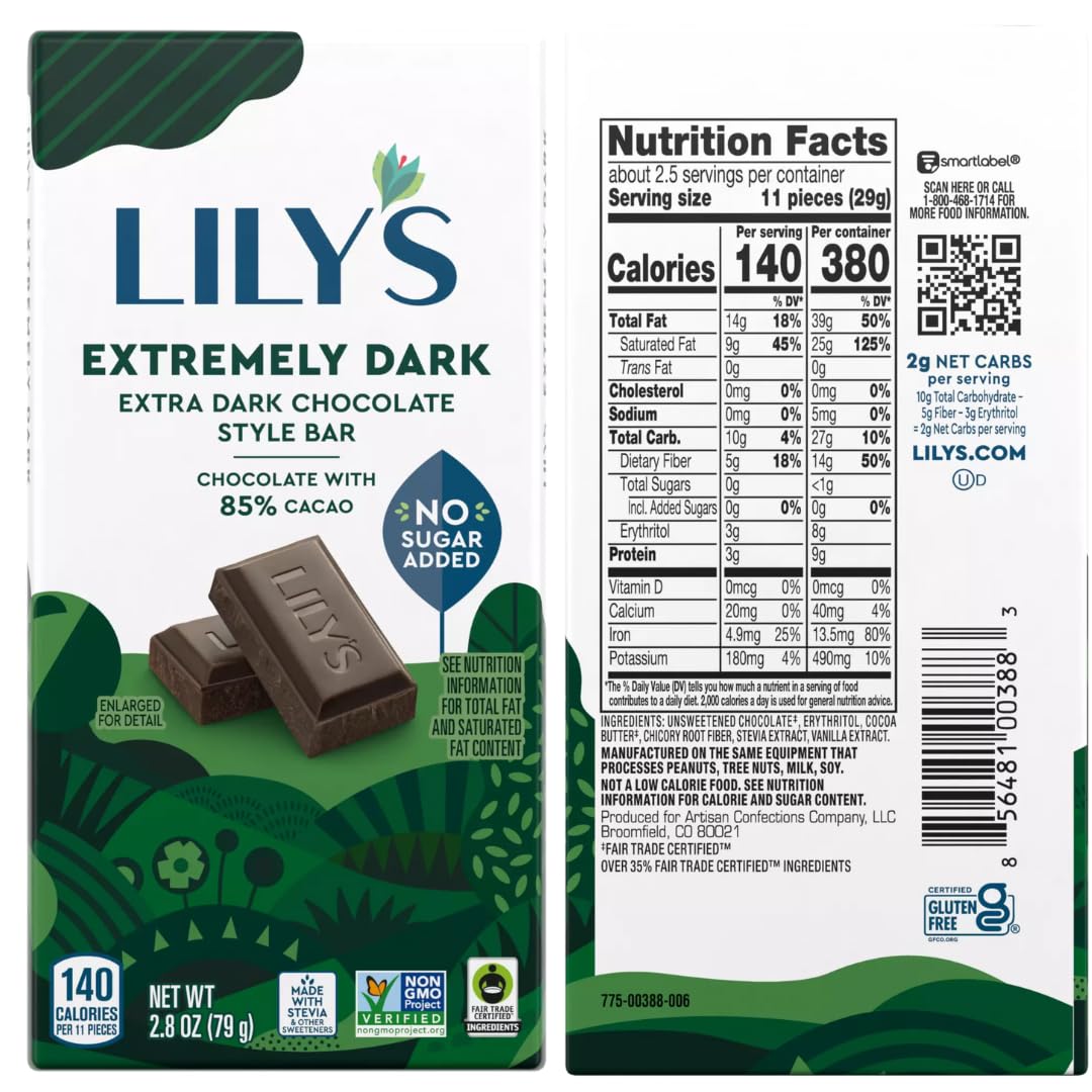 Lily's Dark Chocolate Salted Almond bar pairing nut crunch with cocoa edge