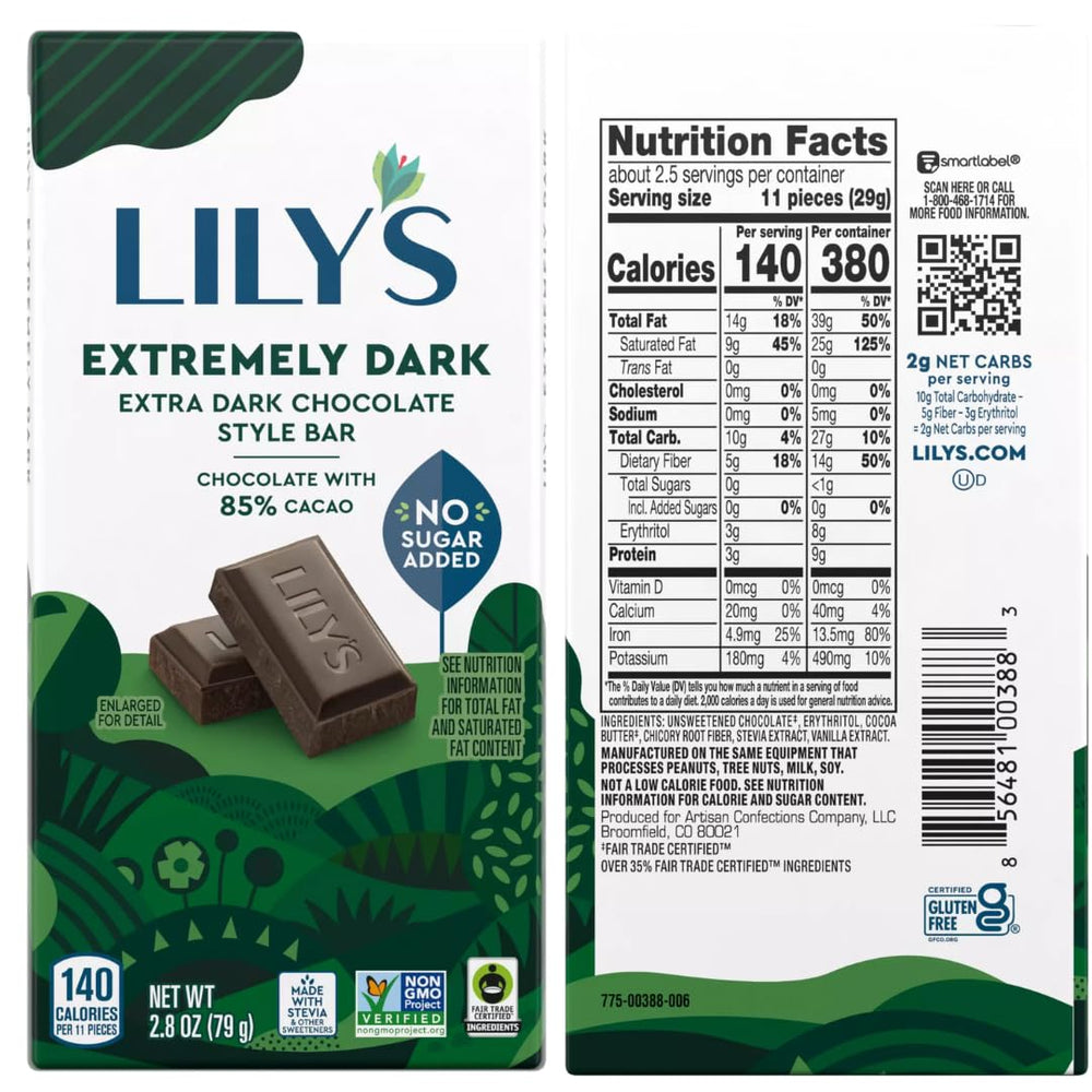 Lily's Dark Chocolate Salted Almond bar pairing nut crunch with cocoa edge