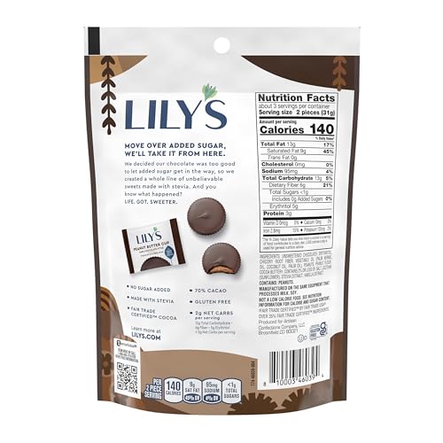 Close-up of LILY'S peanut butter cups, creamy center with a glossy dark chocolate shell, snack-ready.