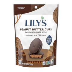 LILY'S dark chocolate style peanut butter cups packaging, gluten-free, no sugar added.
