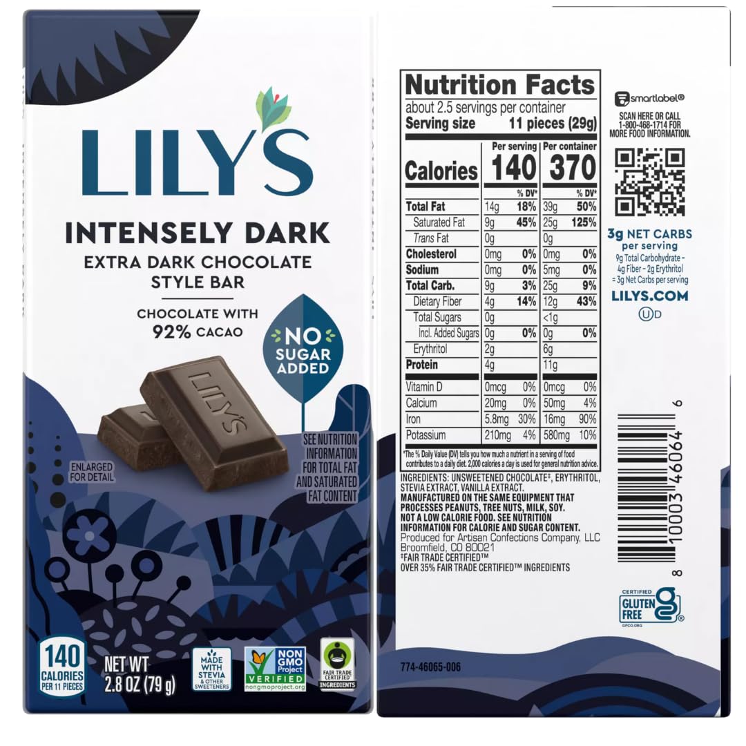 Lily's Extra Dark 85% bar delivering intense cacao with refined finish