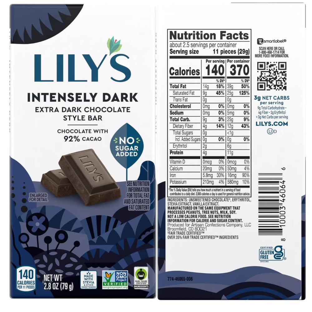 Lily's Extra Dark 85% bar delivering intense cacao with refined finish