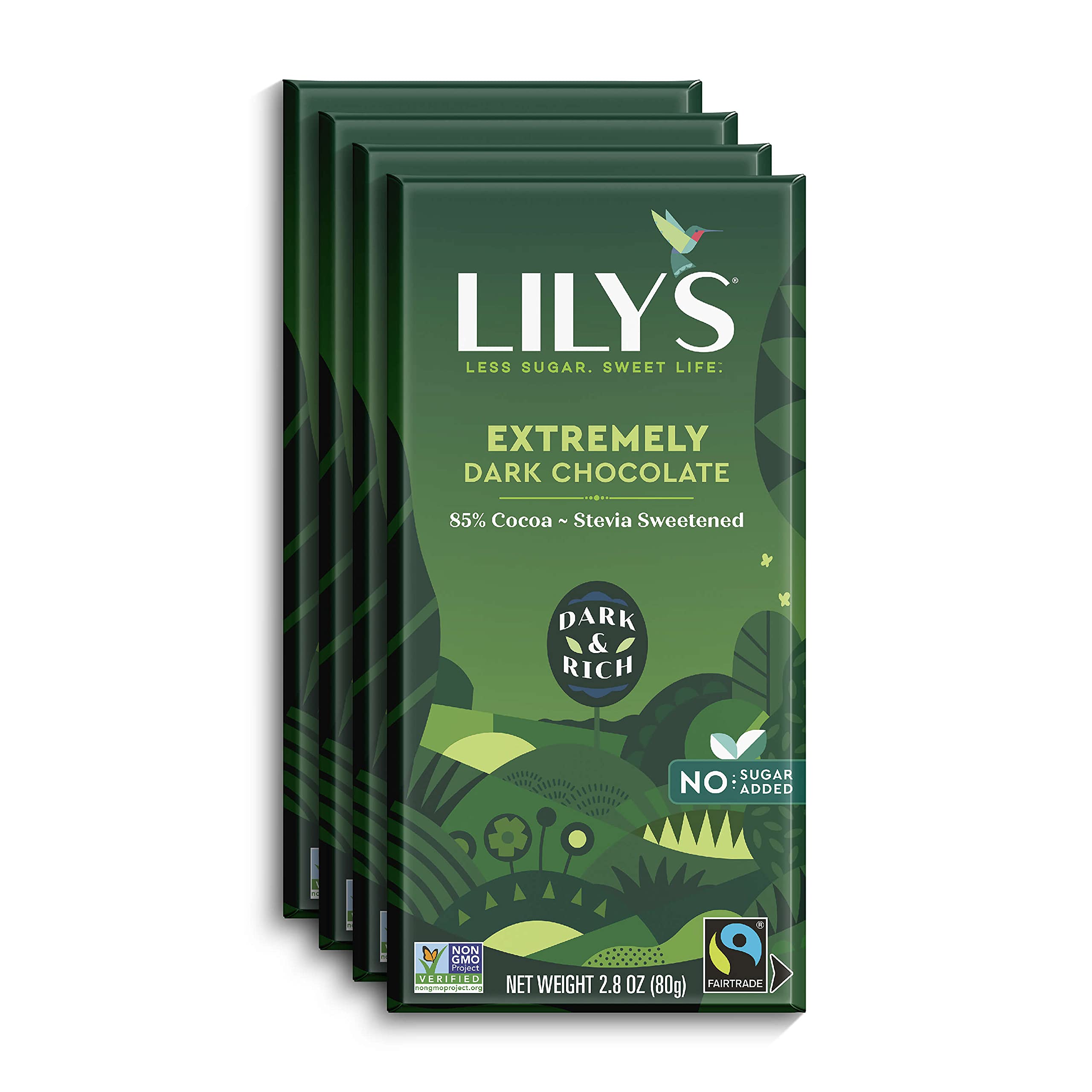 Lily's Extremely Dark 4-pack outer box, premium cacao for keto-friendly snacking.