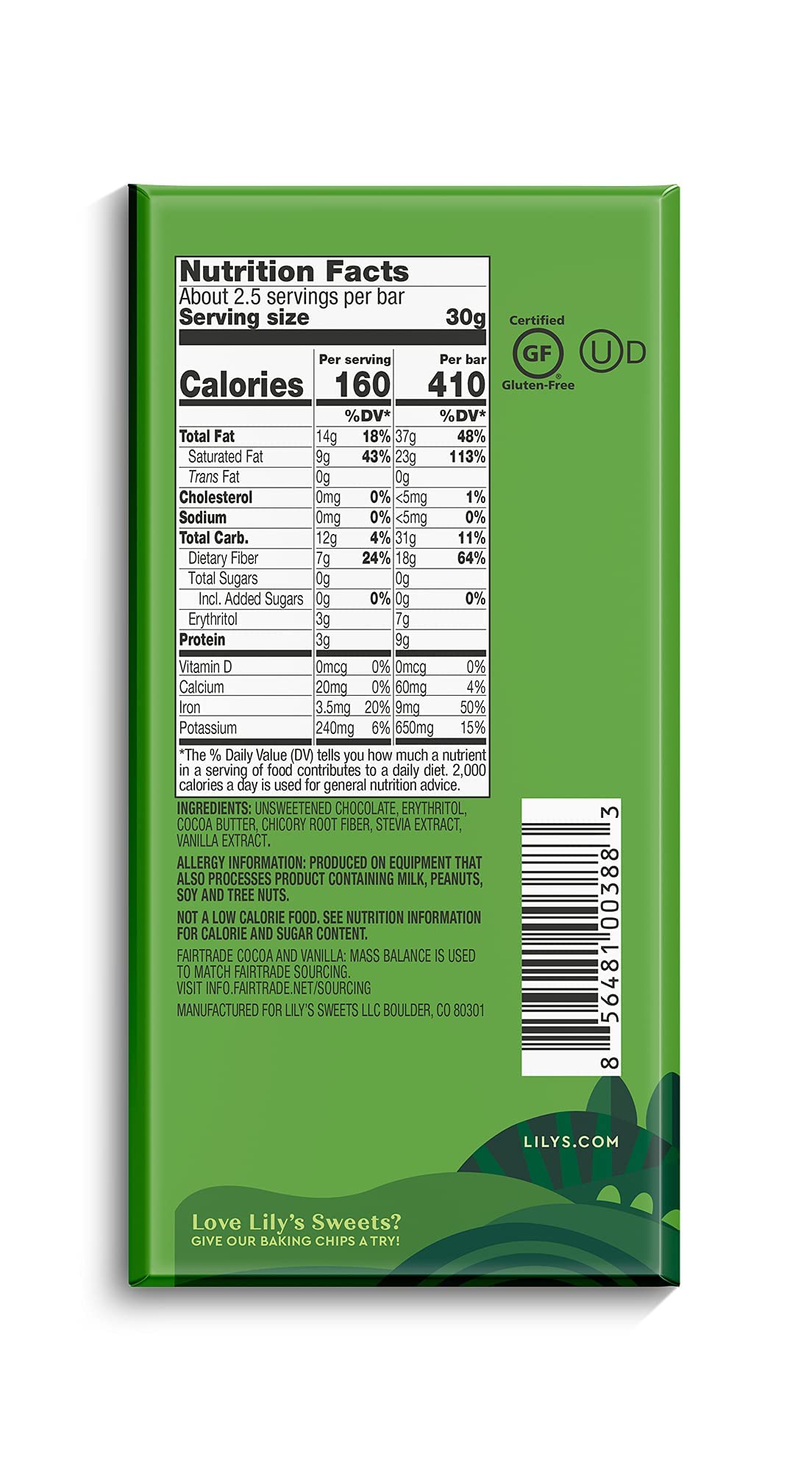 Lily's Extremely Dark 85% cocoa bar close-up shows rich texture for indulgence.