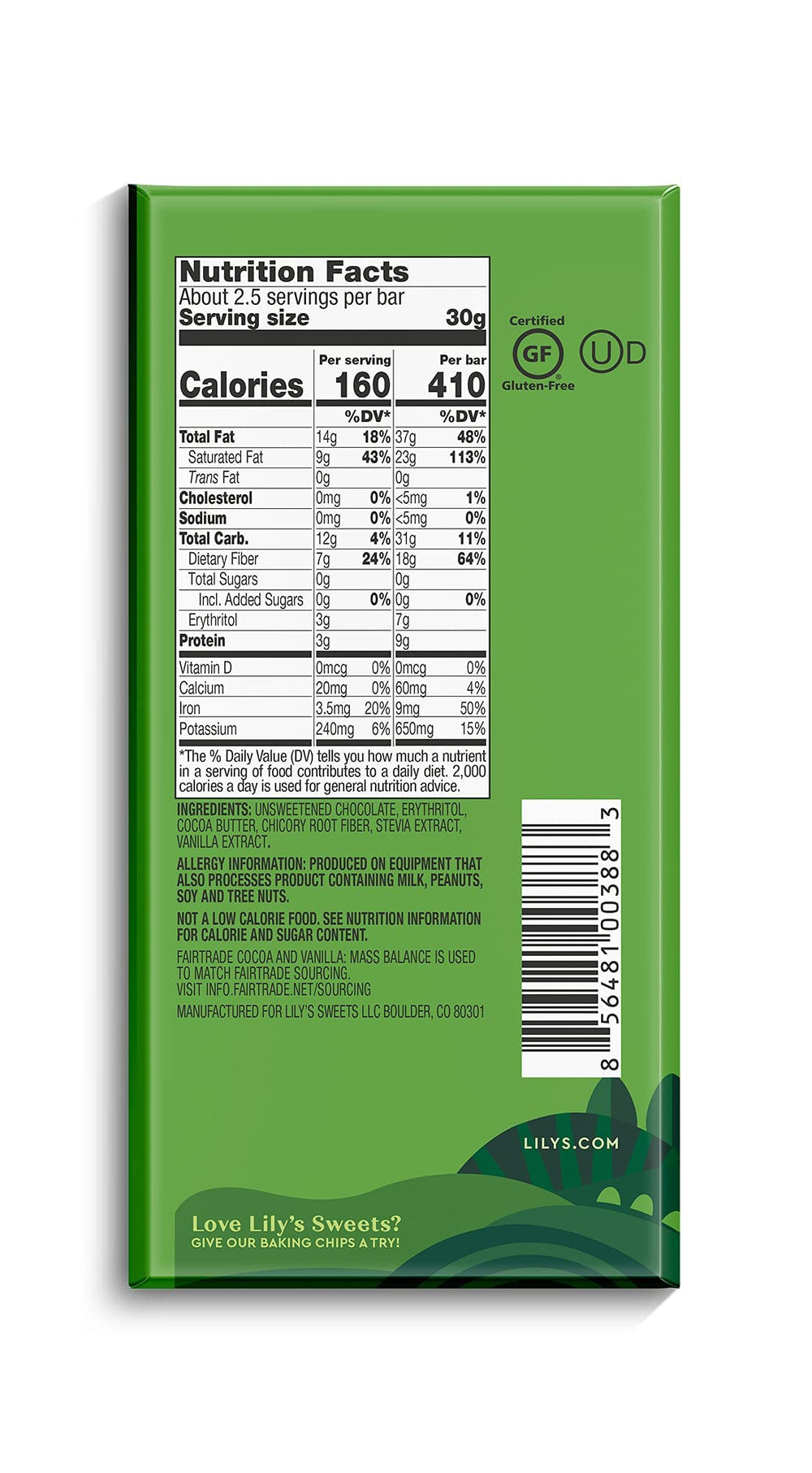 Lily's Extremely Dark 85% cocoa bar close-up shows rich texture for indulgence.