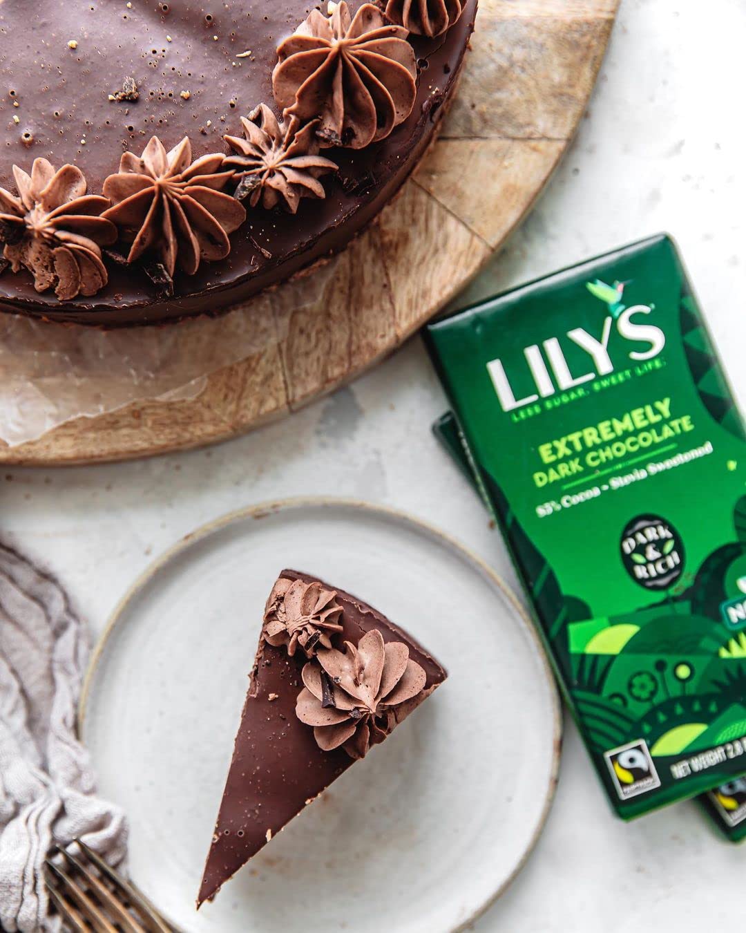 Lily's bar with Fair Trade, gluten-free labeling for mindful shoppers.