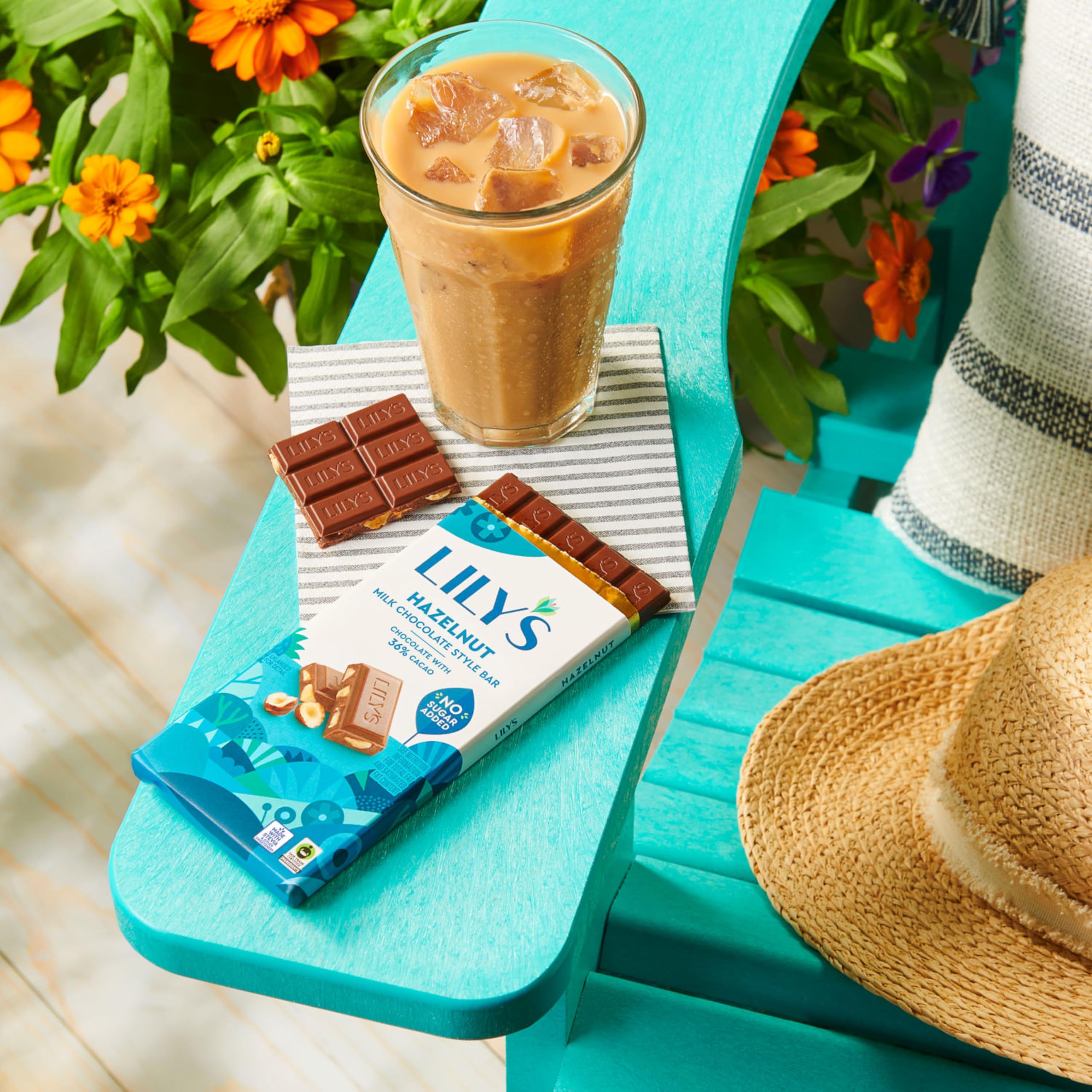 No added sugar, 36% cacao, LILY'S Hazelnut Milk Chocolate Style snack idea.