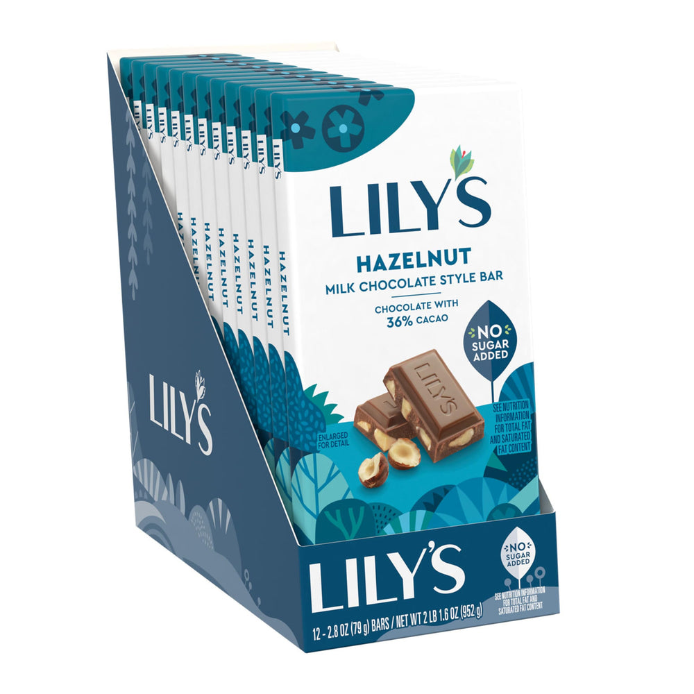 Close-up of LILY'S Hazelnut Milk Chocolate Style texture, silky and rich.