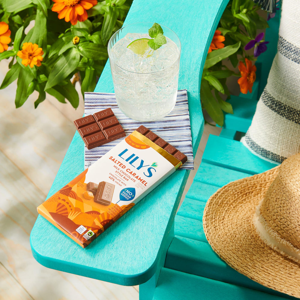 Kosher certified LILY'S 36% cacao milk chocolate style with salted caramel.