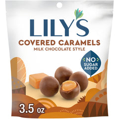 Lily's Milk Chocolate Style Covered Caramels bag ready for sharing during movie night or celebrations.